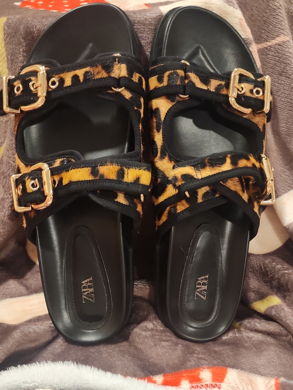 ZARA Black Slide Sandals with Leopard Hair Print Straps & Gold Buckles